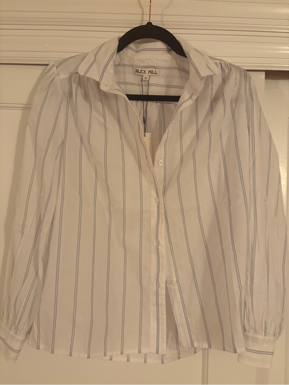 Alex Mill White Button-Up Blouse with Light Blue Stripes